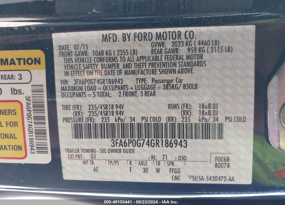 2016 FORD FUSION S VIN: 3FA6P0G74GR186943