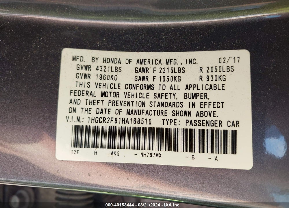 2017 HONDA ACCORD EX-L VIN: 1HGCR2F81HA168510