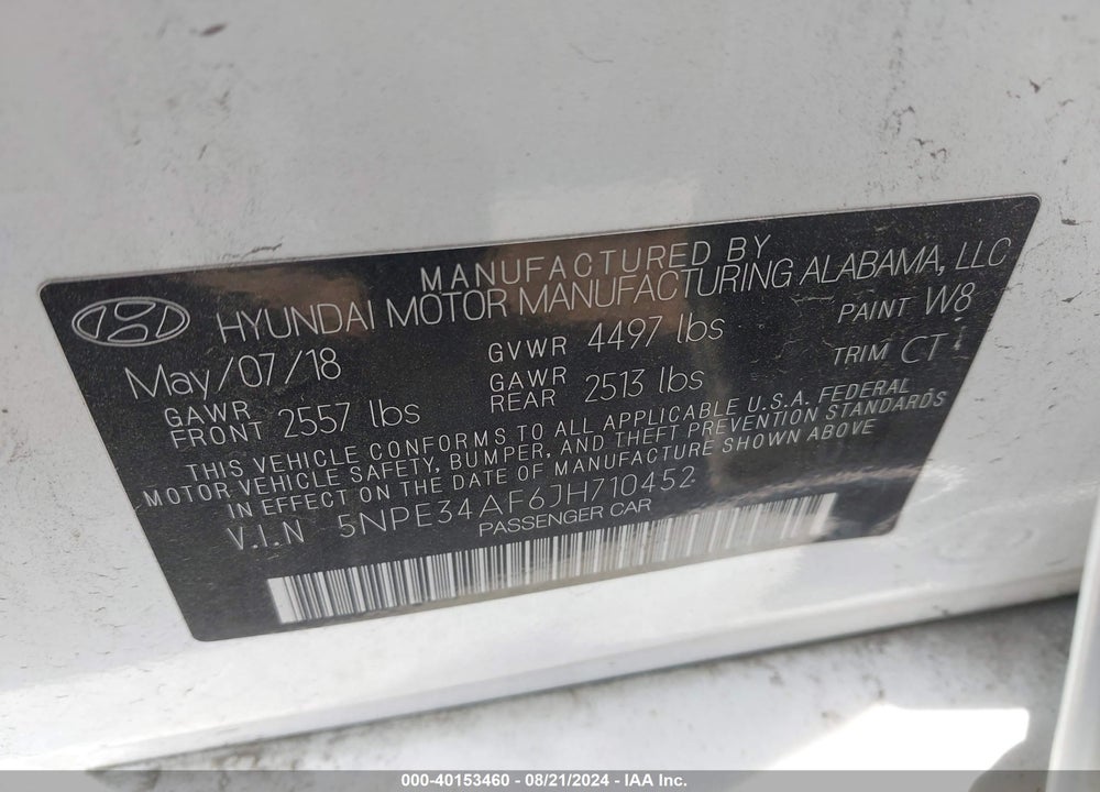 2018 HYUNDAI SONATA SEL VIN: 5NPE34AF6JH710452