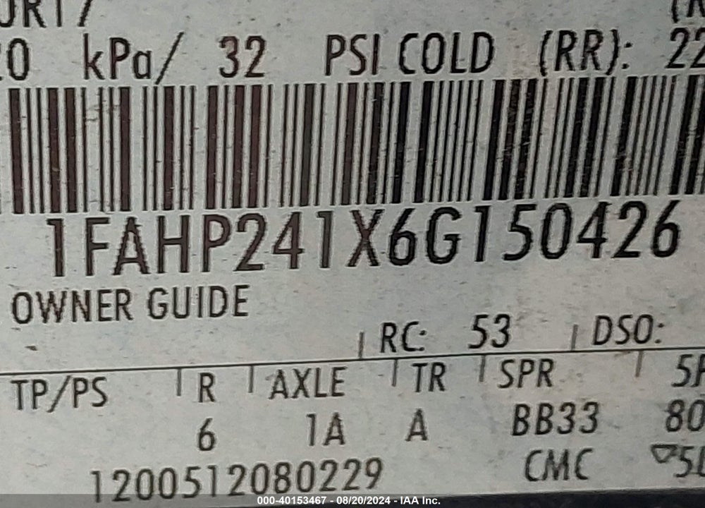 2006 FORD FIVE HUNDRED SEL VIN: 1FAHP241X6G150426