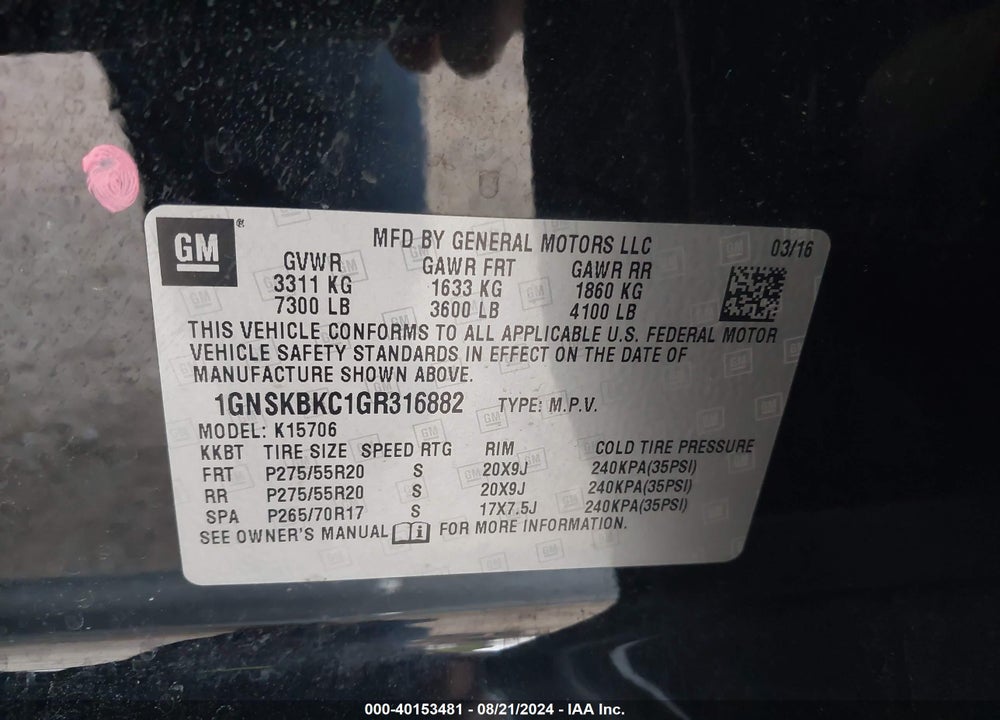 2016 CHEVROLET TAHOE LT VIN: 1GNSKBKC1GR316882