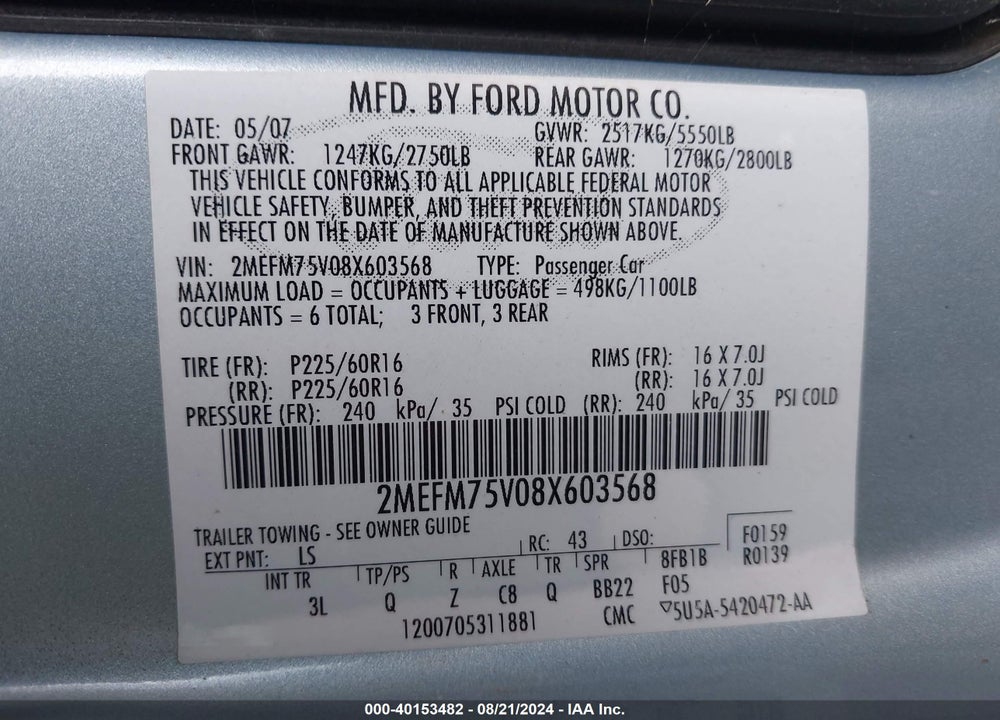 2008 MERCURY GRAND MARQUIS LS VIN: 2MEFM75V08X603568