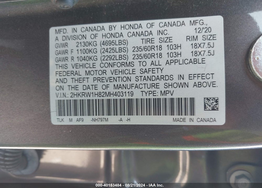 2021 HONDA CR-V 2WD EX-L VIN: 2HKRW1H82MH403119