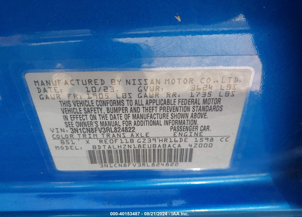2024 NISSAN VERSA VIN: 3N1CN8FV3RL824822