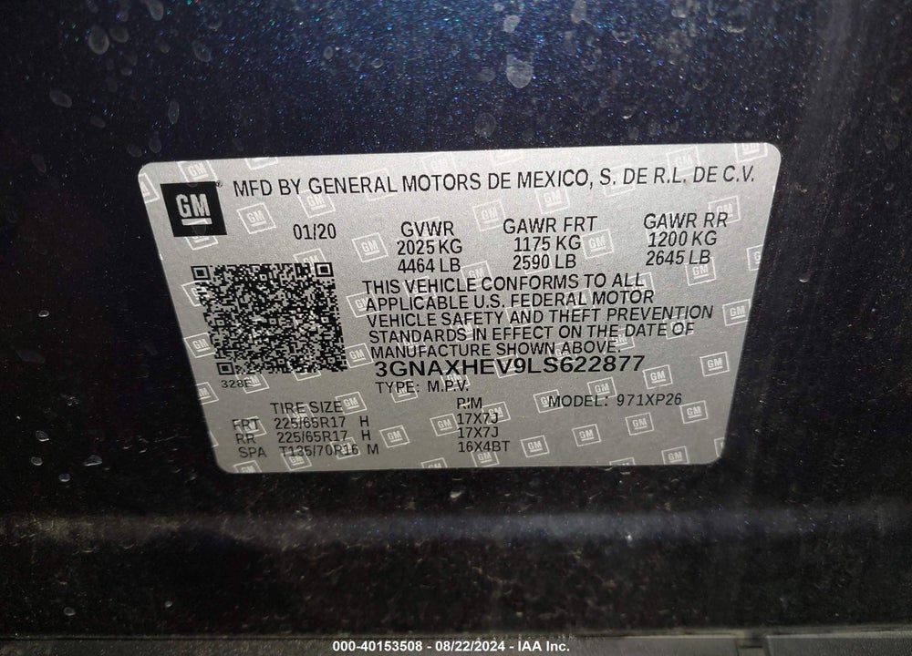 2020 CHEVROLET EQUINOX FWD LS VIN: 3GNAXHEV9LS622877