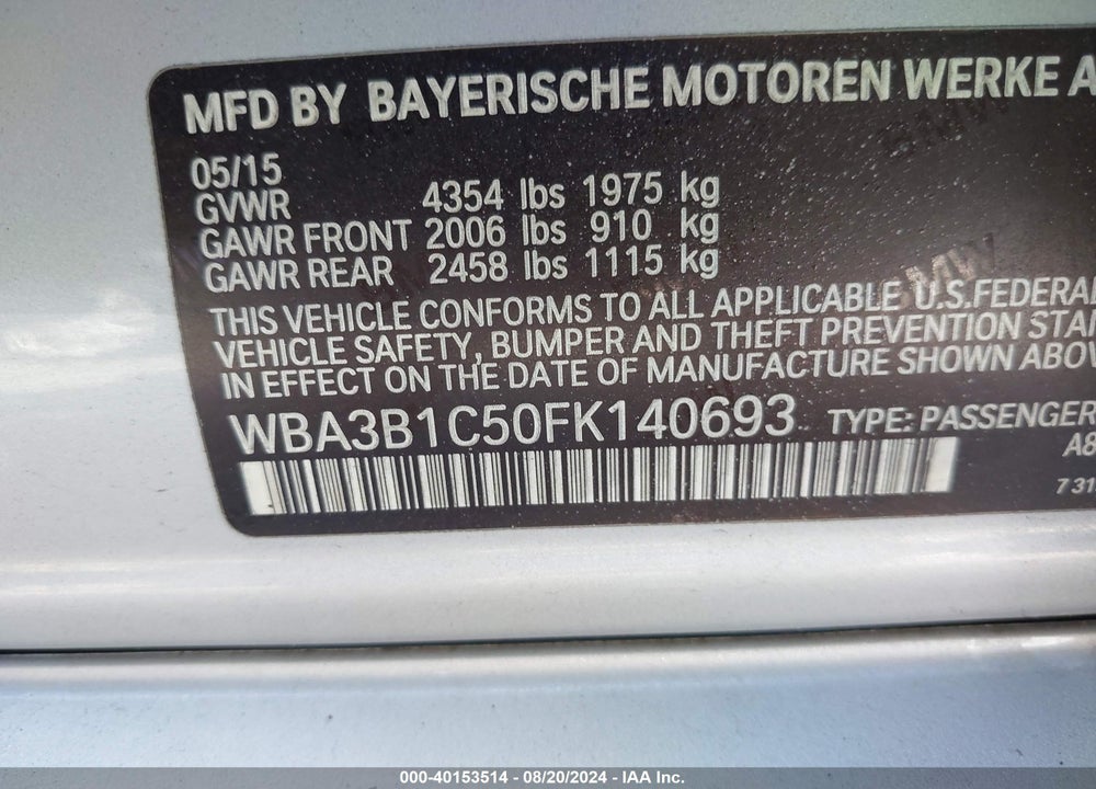 2015 BMW 320I VIN: WBA3B1C50FK140693