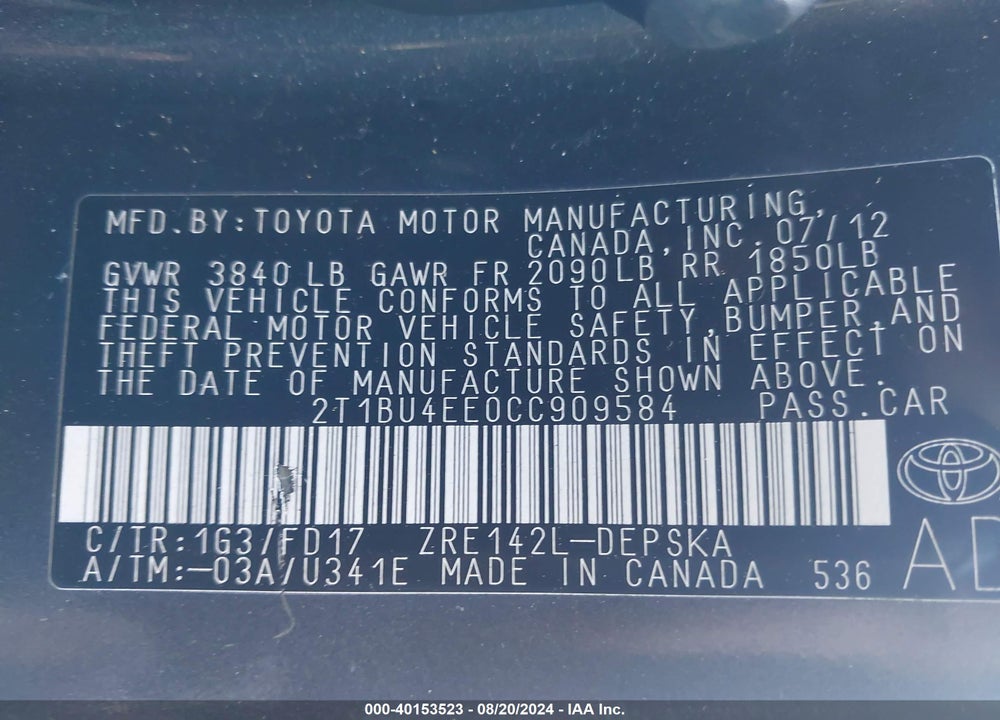 2012 TOYOTA COROLLA S VIN: 2T1BU4EE0CC909584