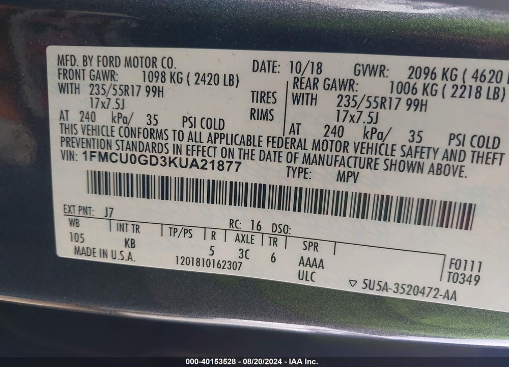2019 FORD ESCAPE SE VIN: 1FMCU0GD3KUA21877