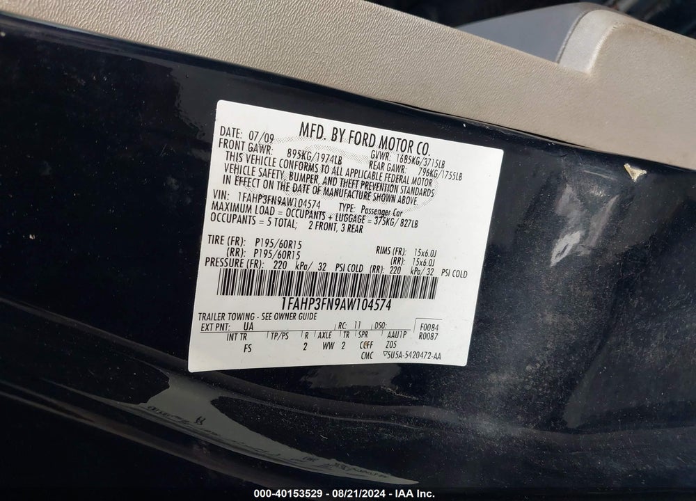2010 FORD FOCUS SE VIN: 1FAHP3FN9AW104574
