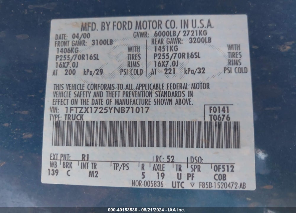 2000 FORD F-150 WORK SERIES/XL/XLT VIN: 1FTZX1725YNB71017