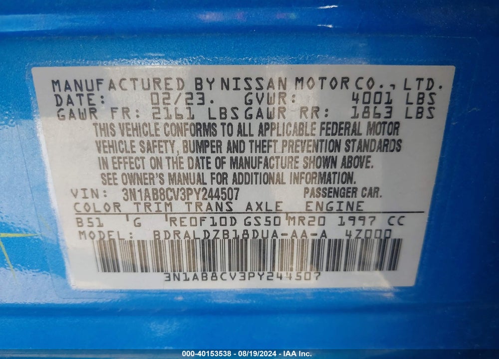 2023 NISSAN SENTRA VIN: 3N1AB8CV3PY244507