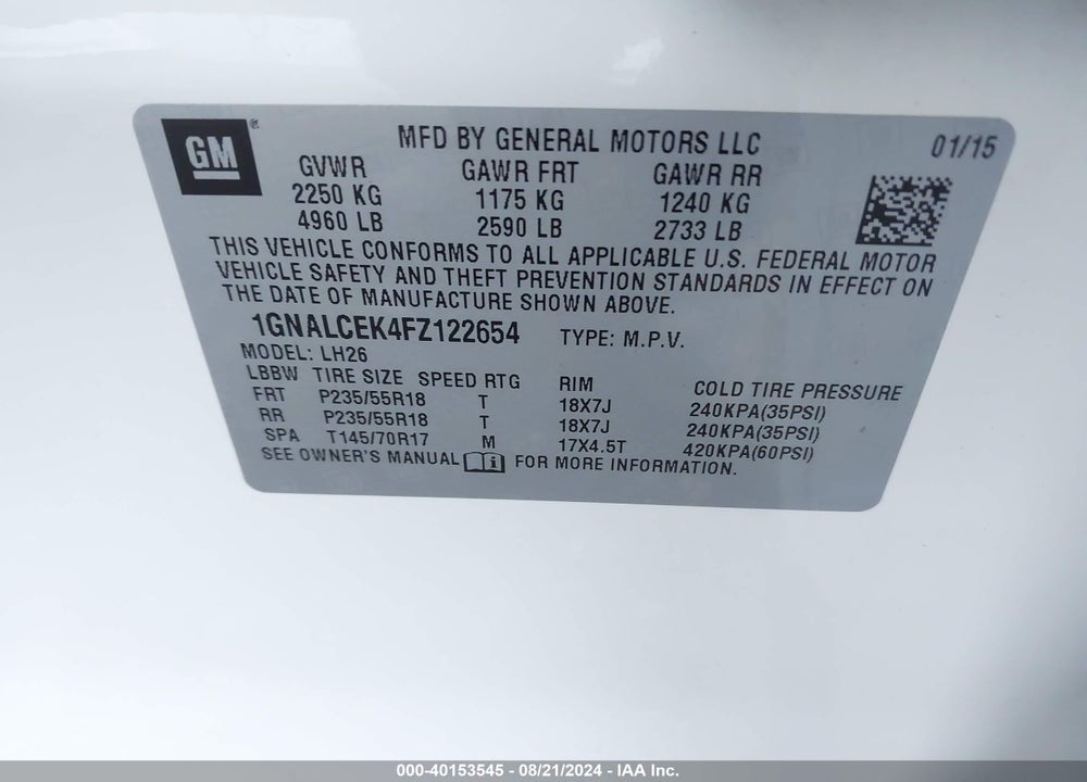 2015 CHEVROLET EQUINOX 2LT VIN: 1GNALCEK4FZ122654