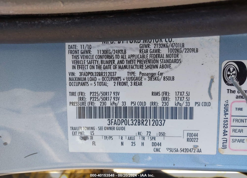 2011 FORD FUSION HYBRID VIN: 3FADP0L32BR212037
