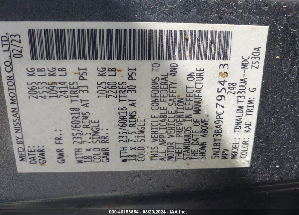 2023 NISSAN ROGUE SV FWD VIN: 5N1BT3BA9PC795433
