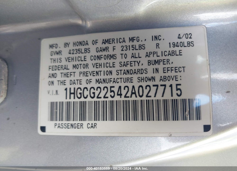 2002 HONDA ACCORD 3.0 EX VIN: 1HGCG22542A027715
