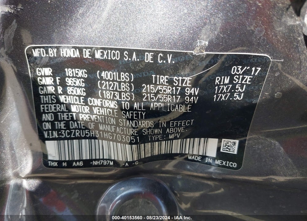 2017 HONDA HR-V LX VIN: 3CZRU5H31HG703051