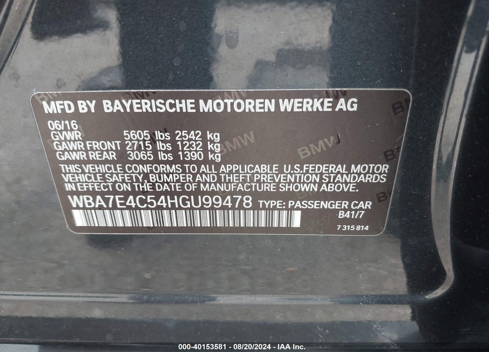 2017 BMW 740I XDRIVE VIN: WBA7E4C54HGU99478