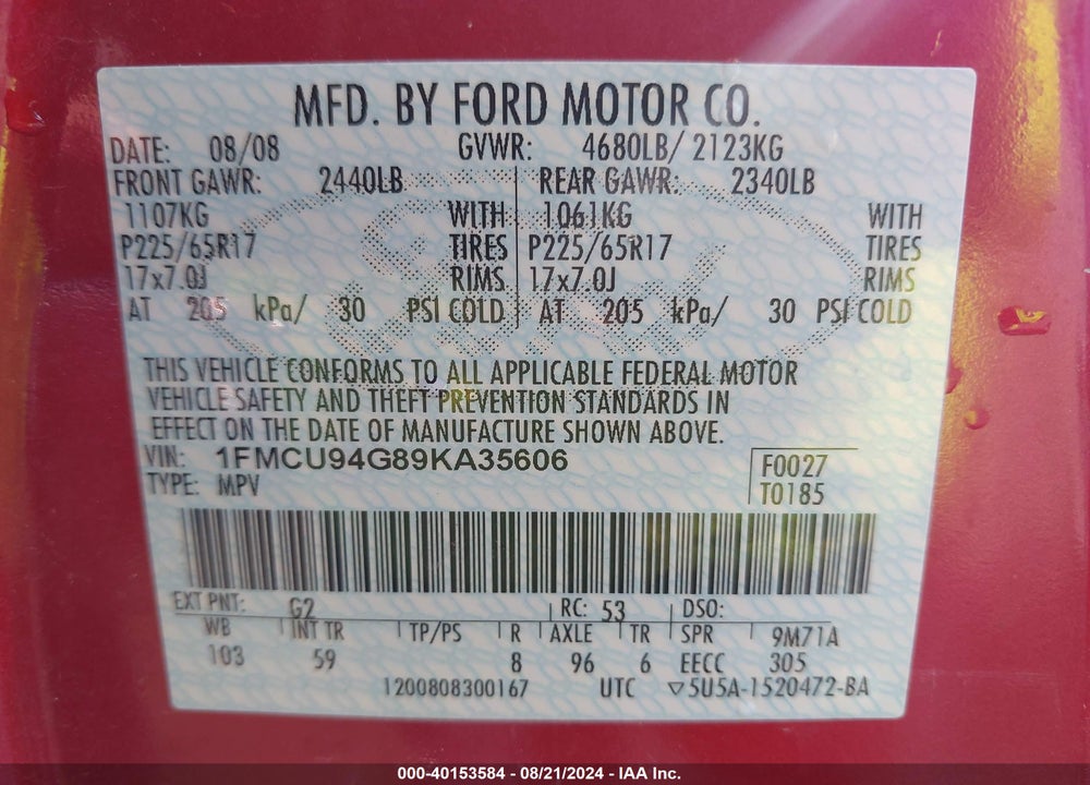 2009 FORD ESCAPE LIMITED VIN: 1FMCU94G89KA35606