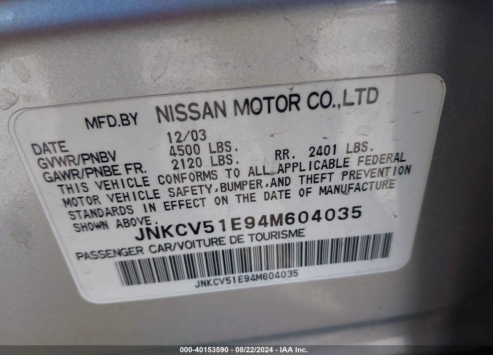 2004 INFINITI G35 VIN: JNKCV51E94M604035