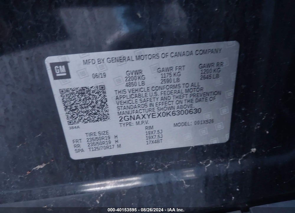 2019 CHEVROLET EQUINOX PREMIER VIN: 2GNAXYEX0K6300630