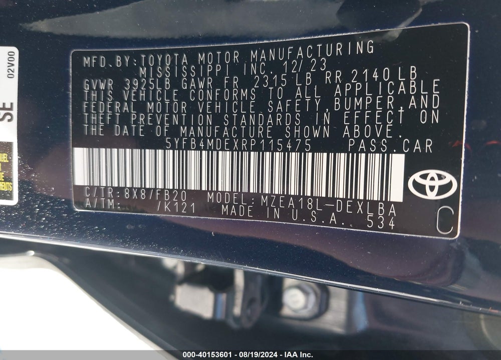 2024 TOYOTA COROLLA VIN: 5YFB4MDEXRP115475