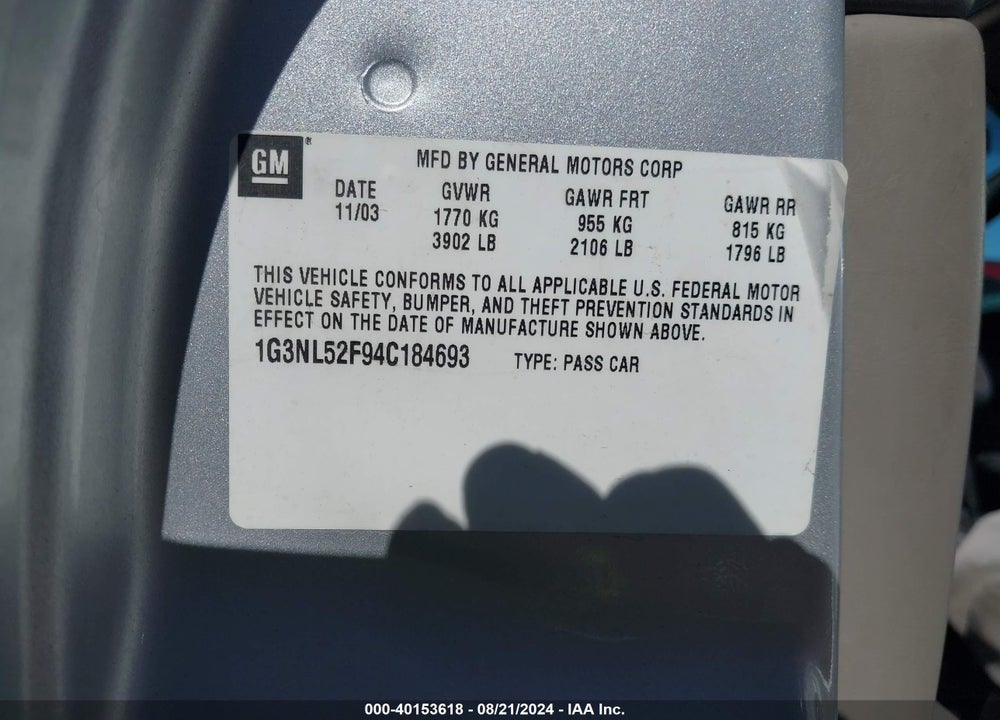2004 OLDSMOBILE ALERO GL1 VIN: 1G3NL52F94C184693