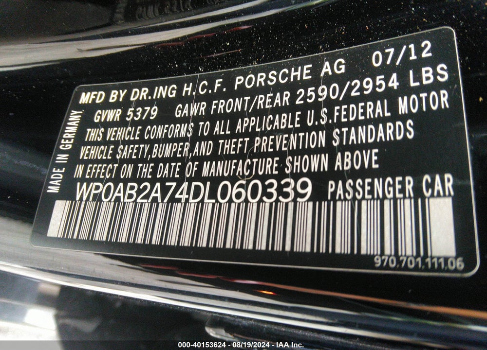 2013 PORSCHE PANAMERA S/4 VIN: WP0AB2A74DL060339