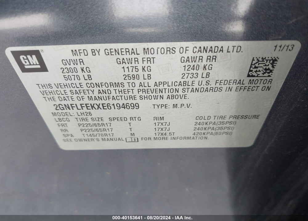 2014 CHEVROLET EQUINOX 1LT VIN: 2GNFLFEKXE6194699