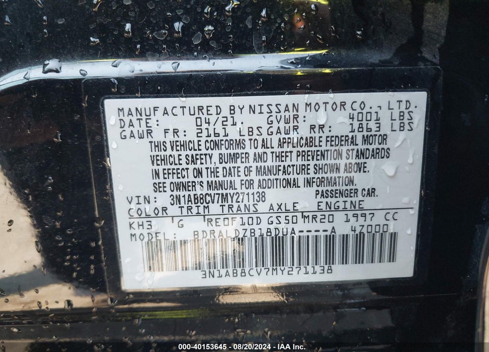 2021 NISSAN SENTRA SV XTRONIC CVT VIN: 3N1AB8CV7MY271138