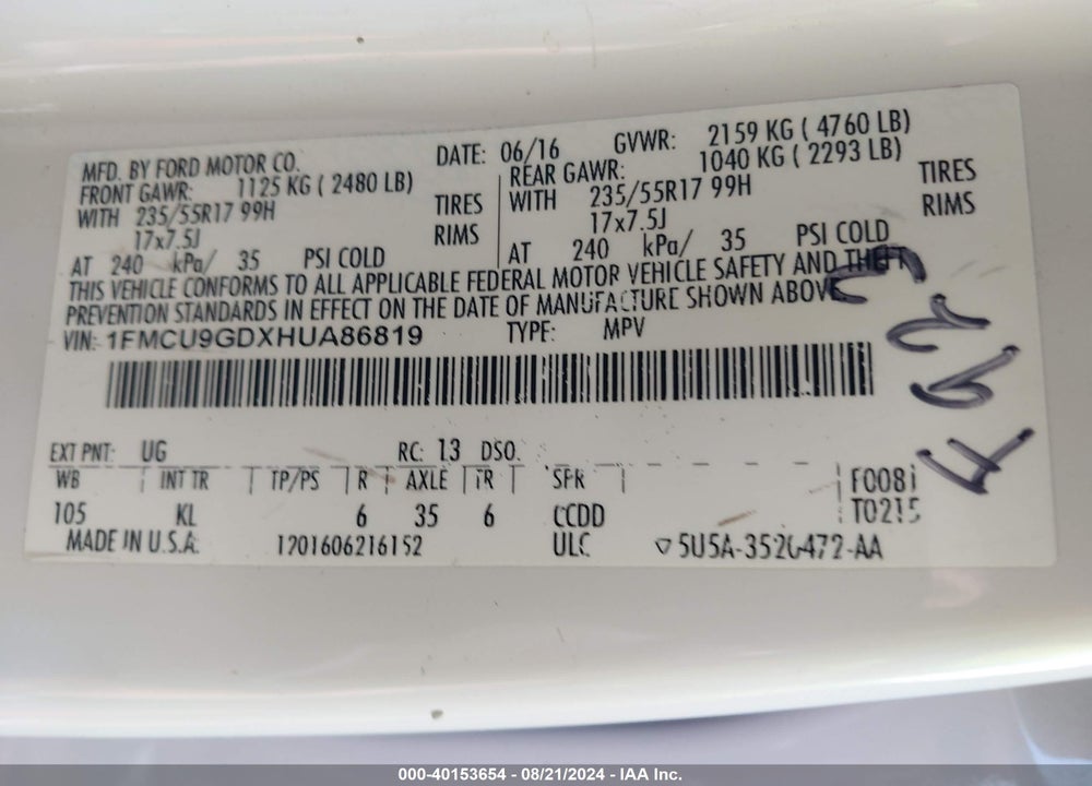 2017 FORD ESCAPE SE VIN: 1FMCU9GDXHUA86819