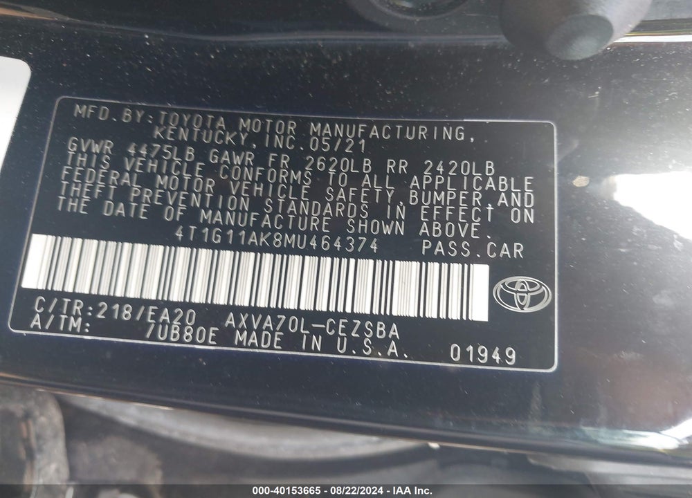 2021 TOYOTA CAMRY SE VIN: 4T1G11AK8MU464374