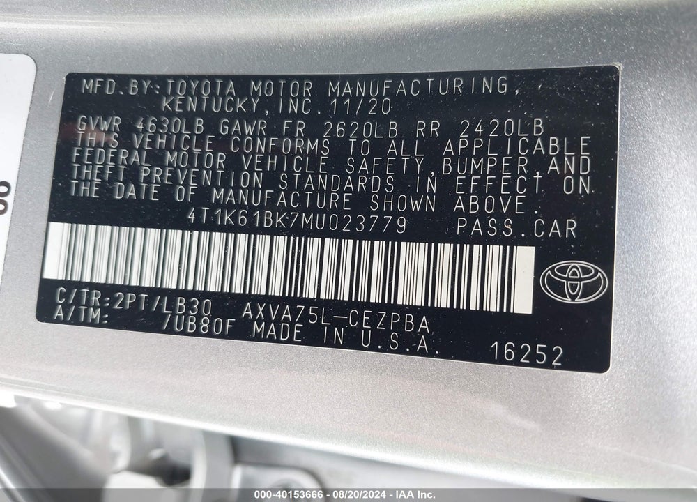 2021 TOYOTA CAMRY XSE AWD VIN: 4T1K61BK7MU023779