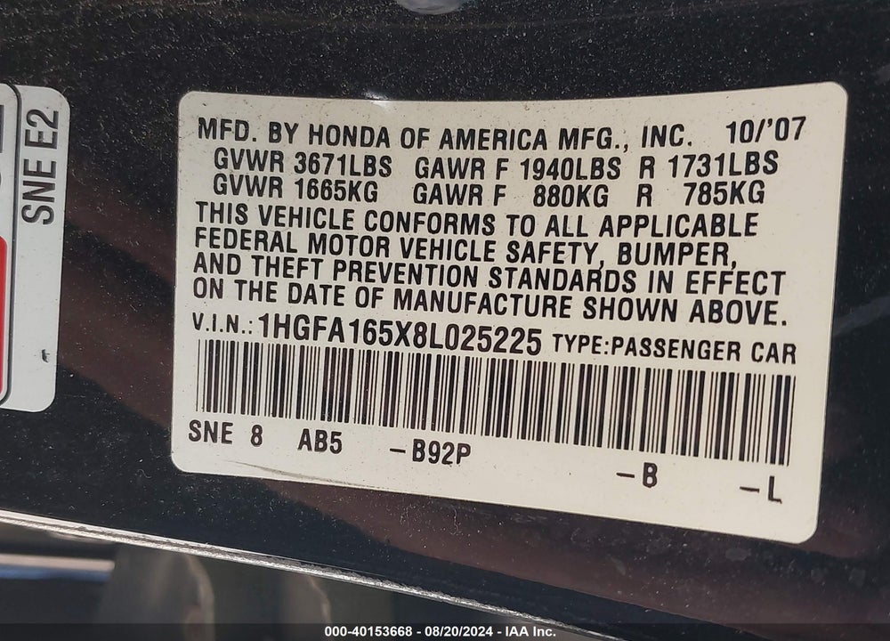 2008 HONDA CIVIC SDN LX VIN: 1HGFA165X8L025225