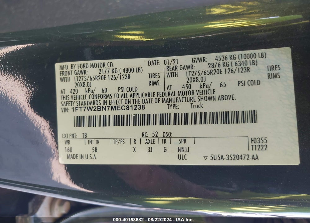 2021 FORD F-250 LARIAT VIN: 1FT7W2BN7MEC81238