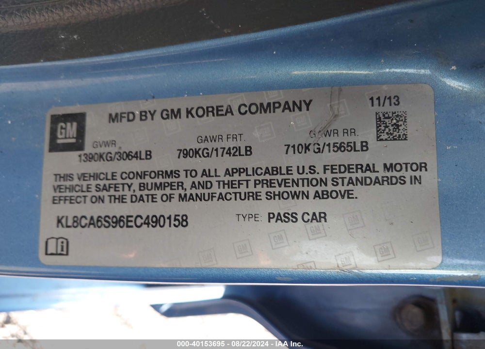 2014 CHEVROLET SPARK LS MANUAL VIN: KL8CA6S96EC490158