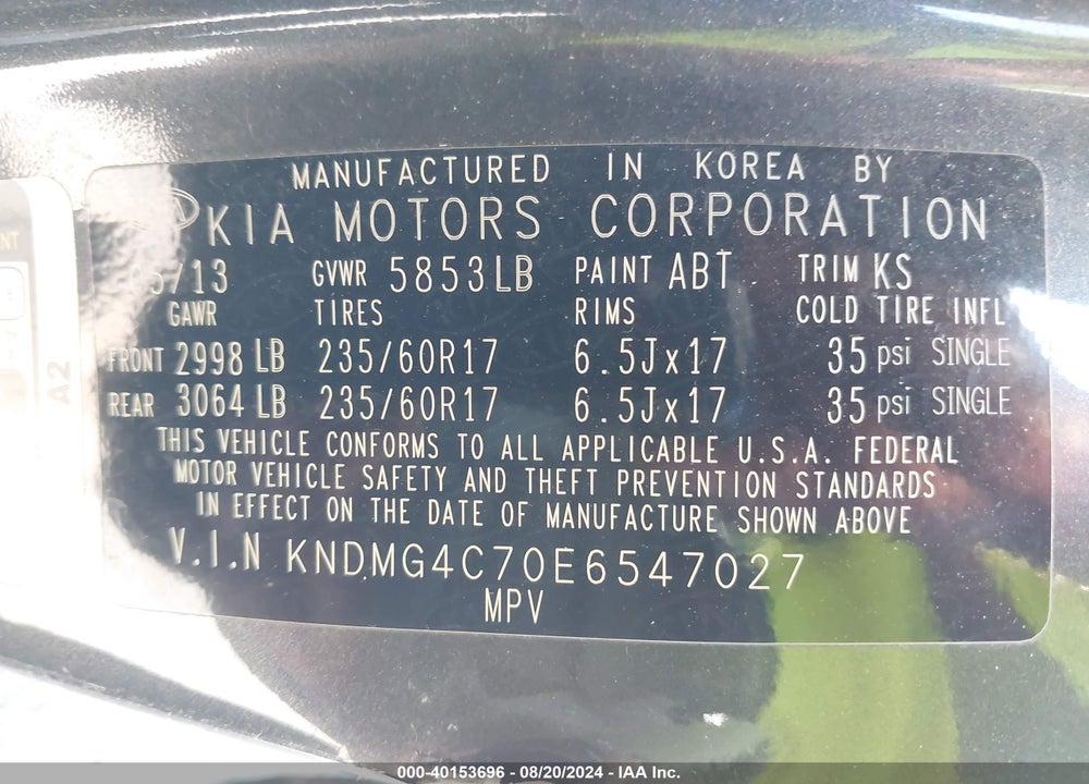 2014 KIA SEDONA LX VIN: KNDMG4C70E6547027
