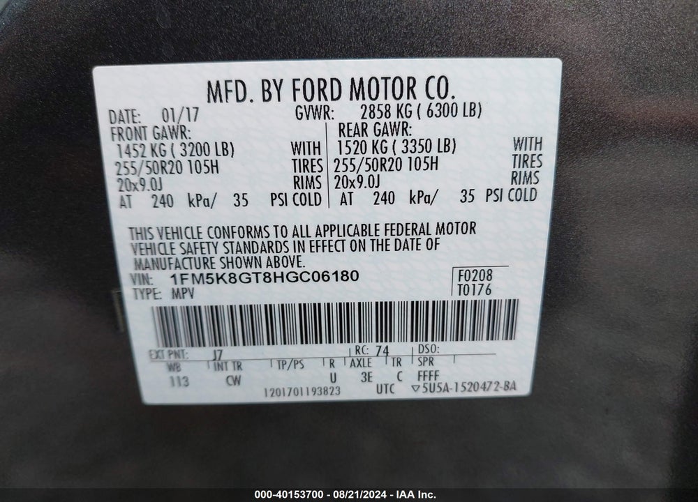 2017 FORD EXPLORER SPORT VIN: 1FM5K8GT8HGC06180