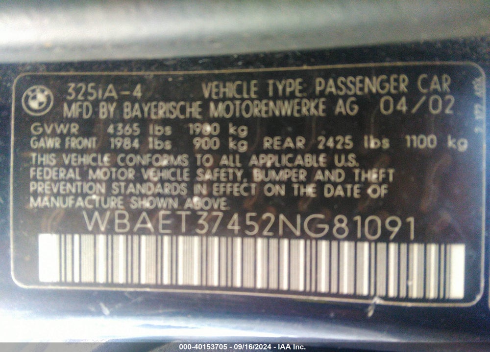 2002 BMW 325I VIN: WBAET37452NG81091