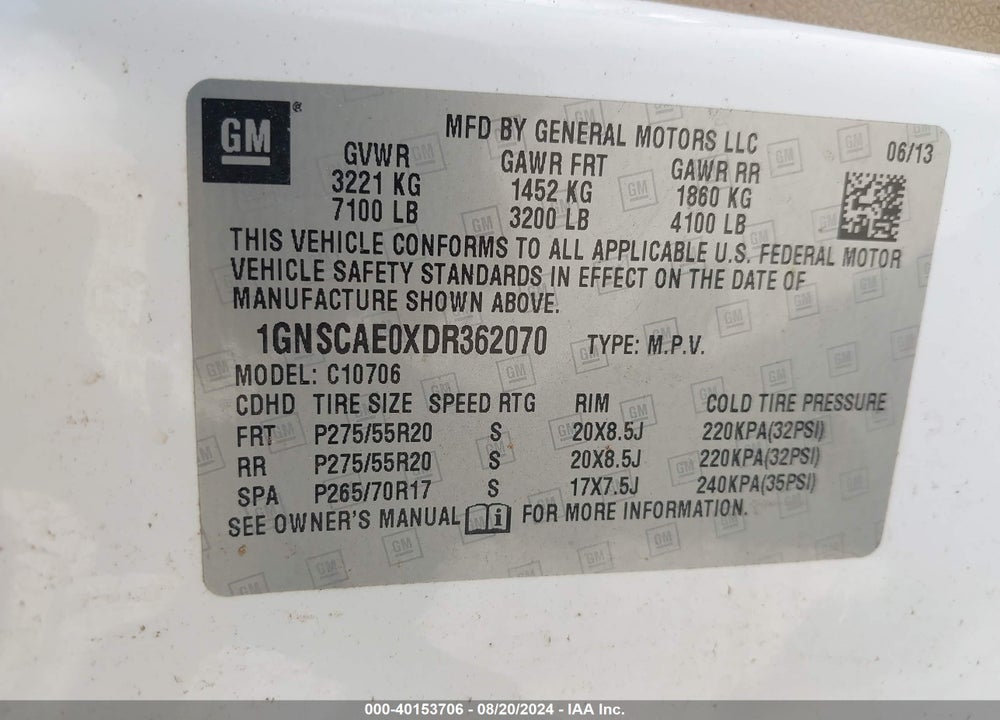 2013 CHEVROLET TAHOE LS VIN: 1GNSCAE0XDR362070