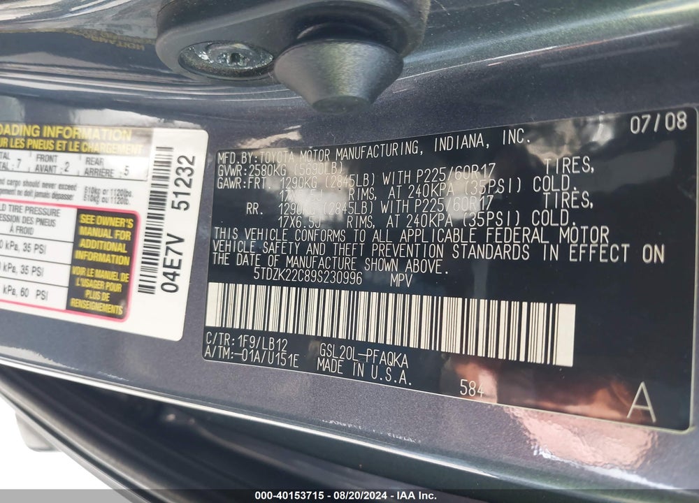 2009 TOYOTA SIENNA XLE VIN: 5TDZK22C89S230996