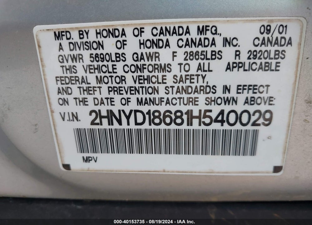 2001 ACURA MDX VIN: 2HNYD18681H540029