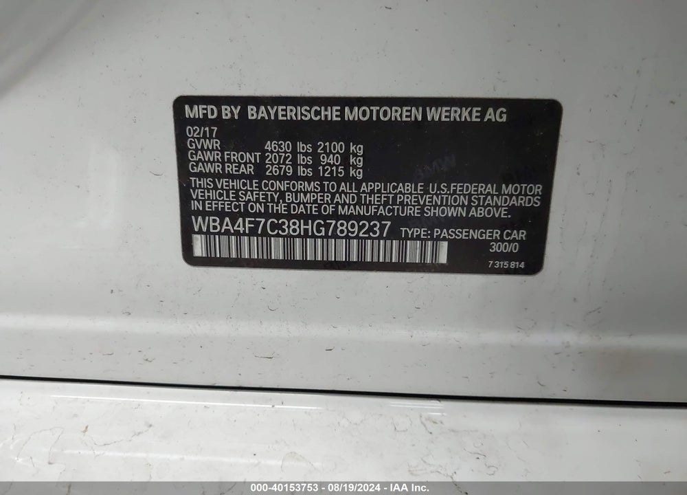 2017 BMW 430I GRAN COUPE VIN: WBA4F7C38HG789237