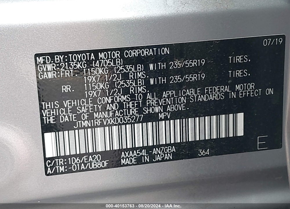 2019 TOYOTA RAV4 LIMITED VIN: JTMN1RFVXKD035277