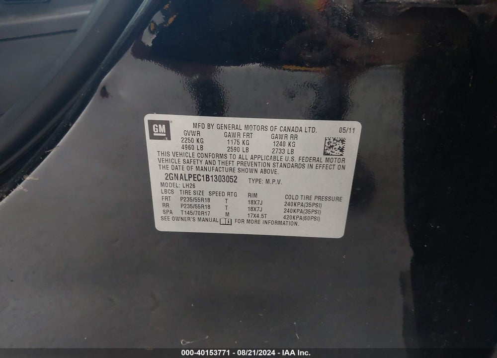 2011 CHEVROLET EQUINOX 2LT VIN: 2GNALPEC1B1303052