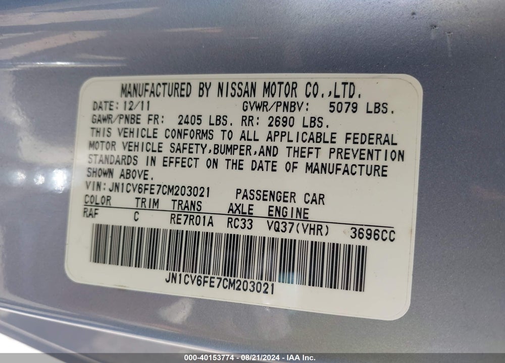 2012 INFINITI G37 VIN: JN1CV6FE7CM203021