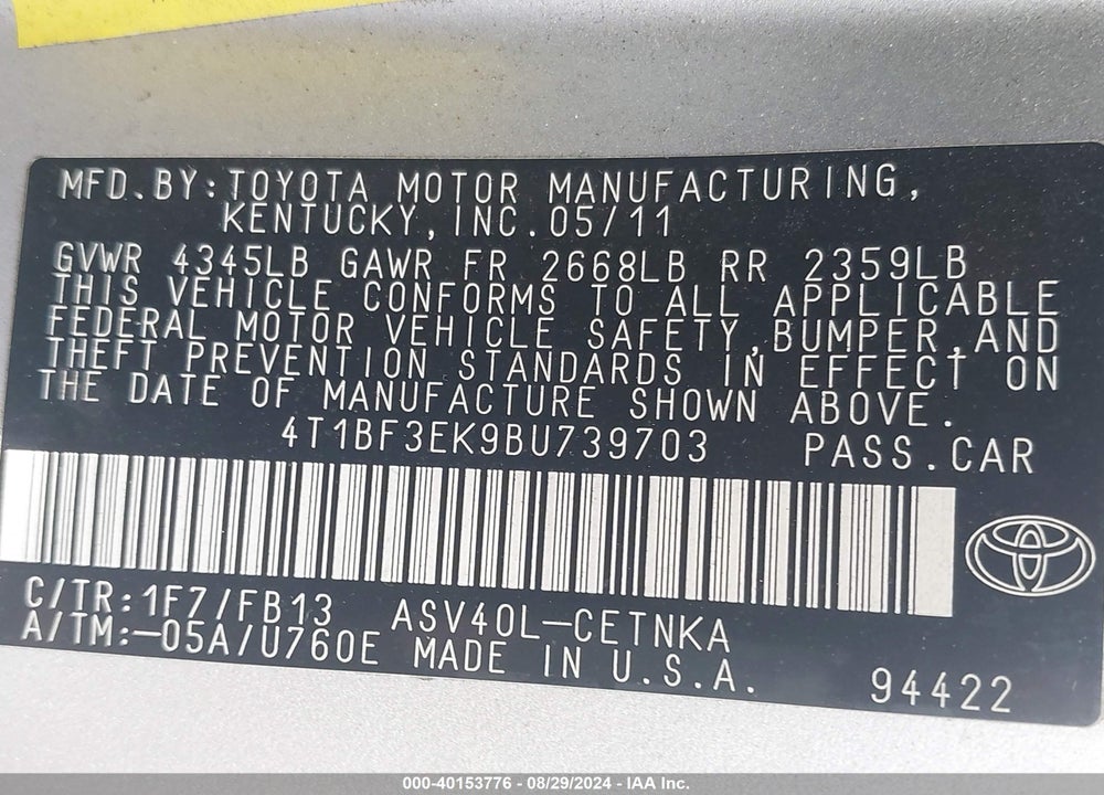 2011 TOYOTA CAMRY LE VIN: 4T1BF3EK9BU739703