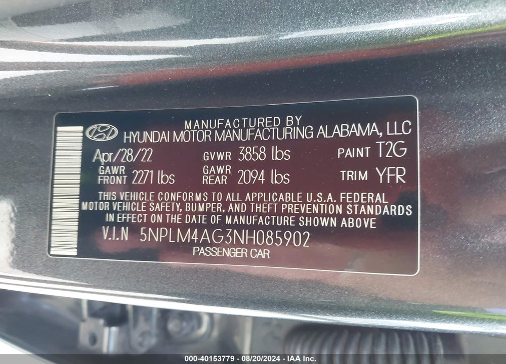 2022 HYUNDAI ELANTRA SEL VIN: 5NPLM4AG3NH085902