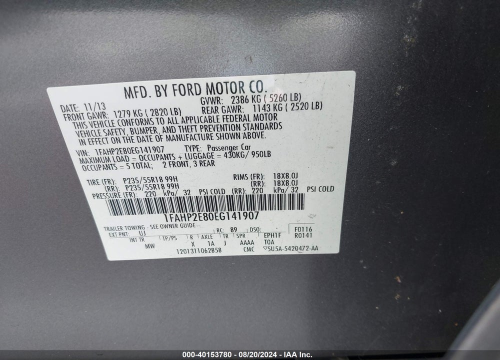 2014 FORD TAURUS SEL VIN: 1FAHP2E80EG141907