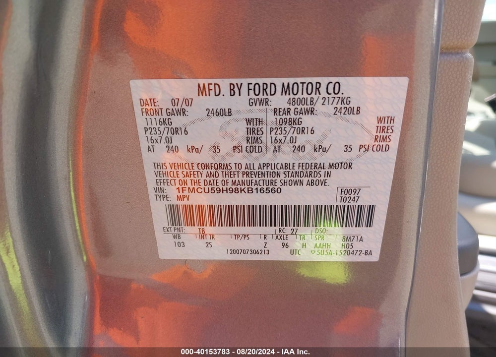 2008 FORD ESCAPE HYBRID VIN: 1FMCU59H98KB16560