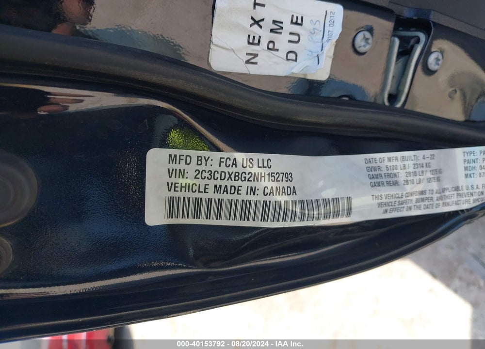 2022 DODGE CHARGER SXT RWD VIN: 2C3CDXBG2NH152793